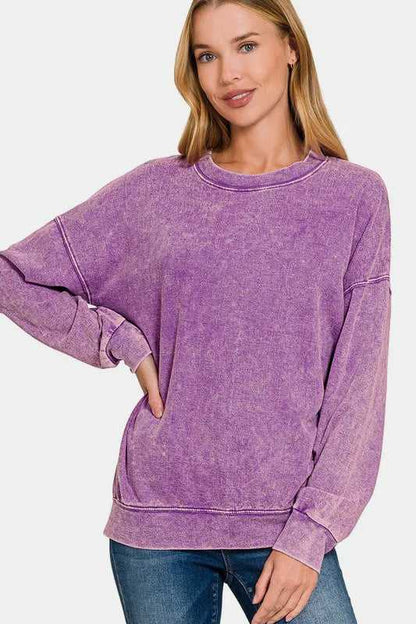 Zenana Washed Round Neck Dropped Shoulder Sweatshirt - Hopeford Streams