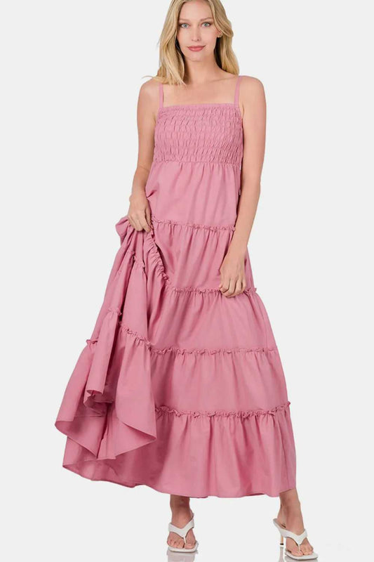 Zenana Woven Smocked Tiered Cami Maxi Dress - Hopeford Streams
