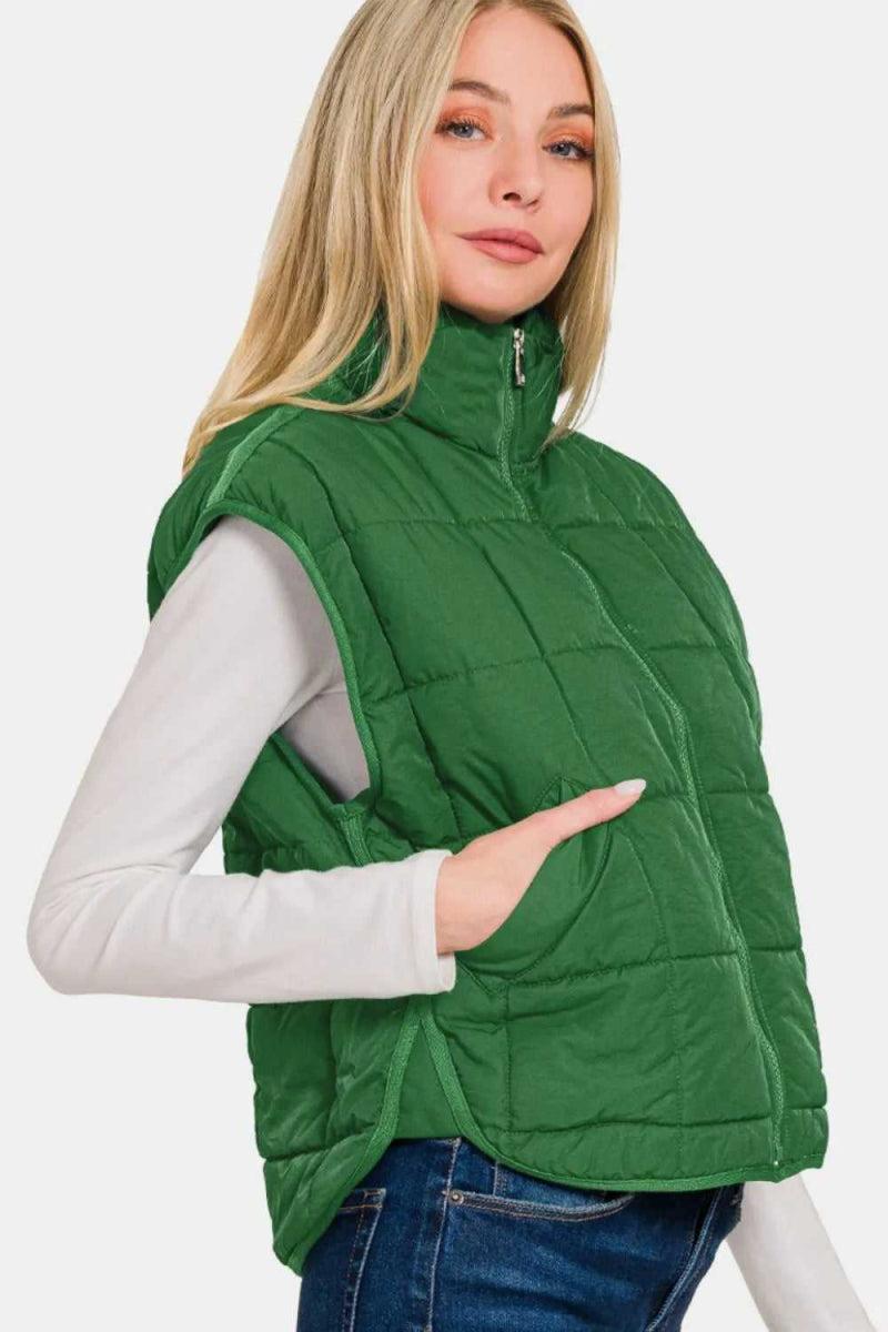 Zenana Zip Up Cropped Puffer Vest with Pockets - Hopeford Streams