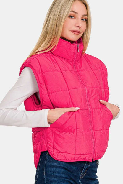 Zenana Zip Up Cropped Puffer Vest with Pockets - Hopeford Streams