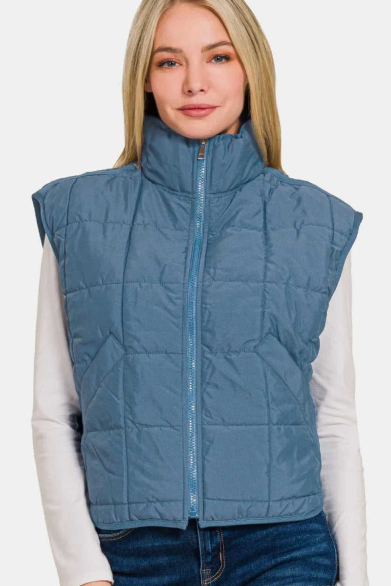 Zenana Zip Up Cropped Puffer Vest with Pockets - Hopeford Streams