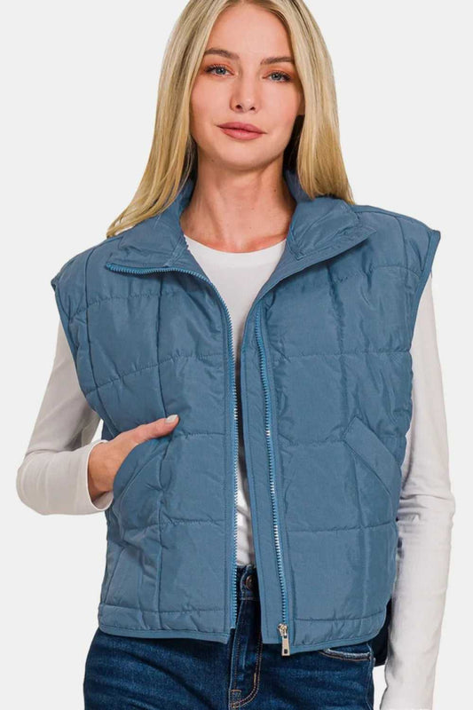 Zenana Zip Up Cropped Puffer Vest with Pockets - Hopeford Streams