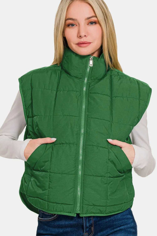 Zenana Zip Up Cropped Puffer Vest with Pockets - Hopeford Streams