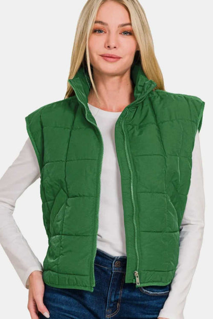 Zenana Zip Up Cropped Puffer Vest with Pockets - Hopeford Streams