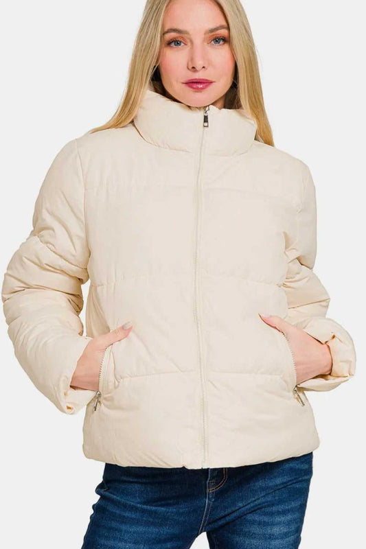 Zenana Zip Up Turtleneck Puffer Jacket with Pockets - Hopeford Streams