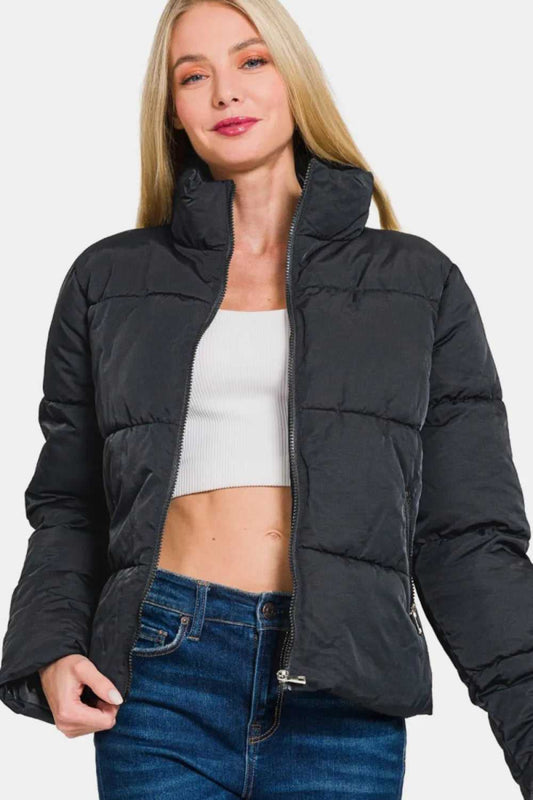 Zenana Zip Up Turtleneck Puffer Jacket with Pockets - Hopeford Streams